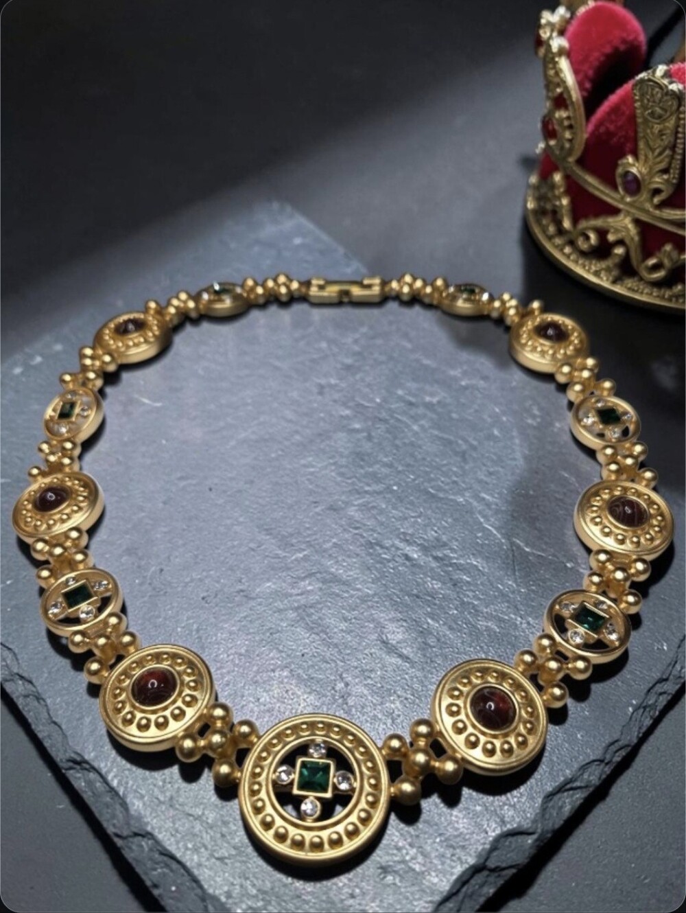 Matte Gold Plated Byzantine Royal Regal Emerald Ruby Crystal Statement Necklace